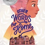 Book Cover Art for Other Words for Home by Jasmine Warga, showing a cartoon styled woman in a headdress in the backdrop with a small drawn town in the foreground at the bottom.