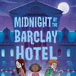 3 teens stand in front of a large building in the dark of night with a full moon behind. Midnight at the Barclay Hotel!